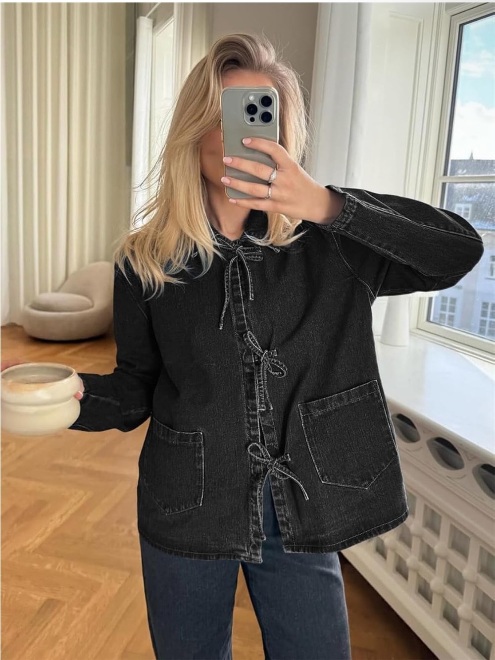 Tie-Front Denim Jacket. Black. Size Small. NWOT.